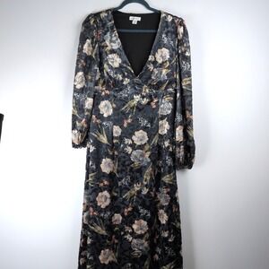 Warehouse Womens Sz 8 Premium Printed Velvet VNeck Midi Tea Blue Botanical Dress